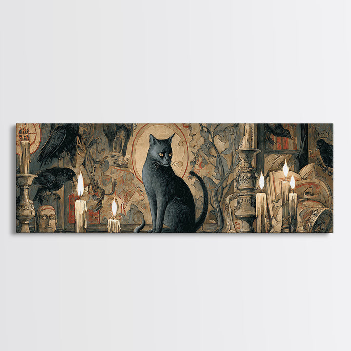 The Black Cat Familiar, Dark Renaissance Art, Extra Wide Wall Art, Dark Fantasy Wall Art, Framed Canvas Print, Halloween Wall Art