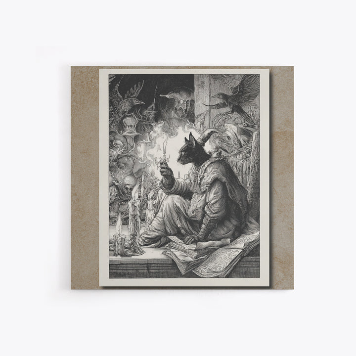 The Black Cat Familiar, Renaissance Engraving Art, Square Wall Art, Dark Fantasy Wall Art, Canvas Print, Halloween Wall Art