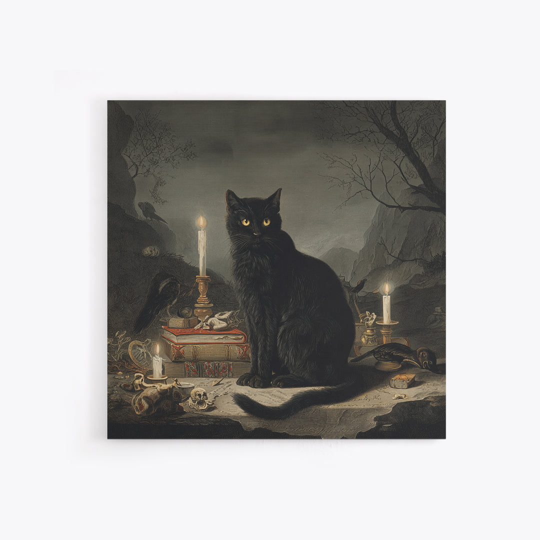 The Black Cat Familiar, Baroque Witchcraft Art, Square Wall Art, Macabre Wall Art, Framed Canvas Print, Halloween Wall Art