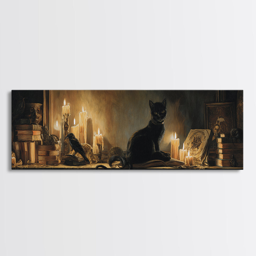 The Black Cat Familiar, Gothic Nightmare Art, Extra Wide Wall Art, Dark Halloween Decor, Canvas Print, Halloween Wall Art