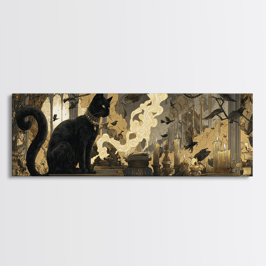 The Black Cat Familiar, Visionary Gothic Art, Extra Wide Wall Art, Macabre Wall Art, Canvas Print, Halloween Wall Art, Horror Wall Art