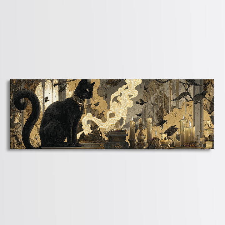 The Black Cat Familiar, Visionary Gothic Art, Extra Wide Wall Art, Macabre Wall Art, Canvas Print, Halloween Wall Art, Horror Wall Art