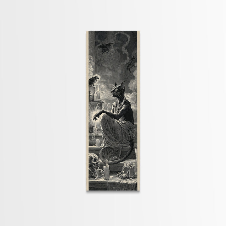 The Black Cat Familiar, Architectural Etching Art, Tall Narrow Wall Art, Gothic Horror Wall Art, Canvas Print