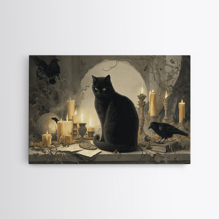 The Black Cat Familiar, Romantic Gothic Landscape, Landscape Wall Art, Dark Halloween Decor, Canvas Print, Halloween Wall Art