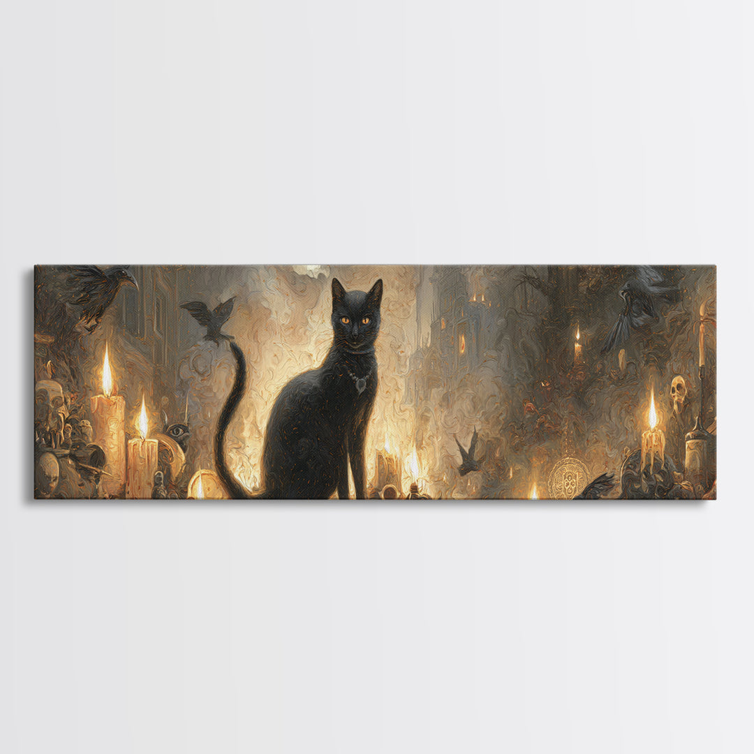 The Black Cat Familiar, Apocalyptic Romantic Art, Extra Wide Wall Art, Dark Fantasy Wall Art, Framed Canvas Print, Halloween Wall Art