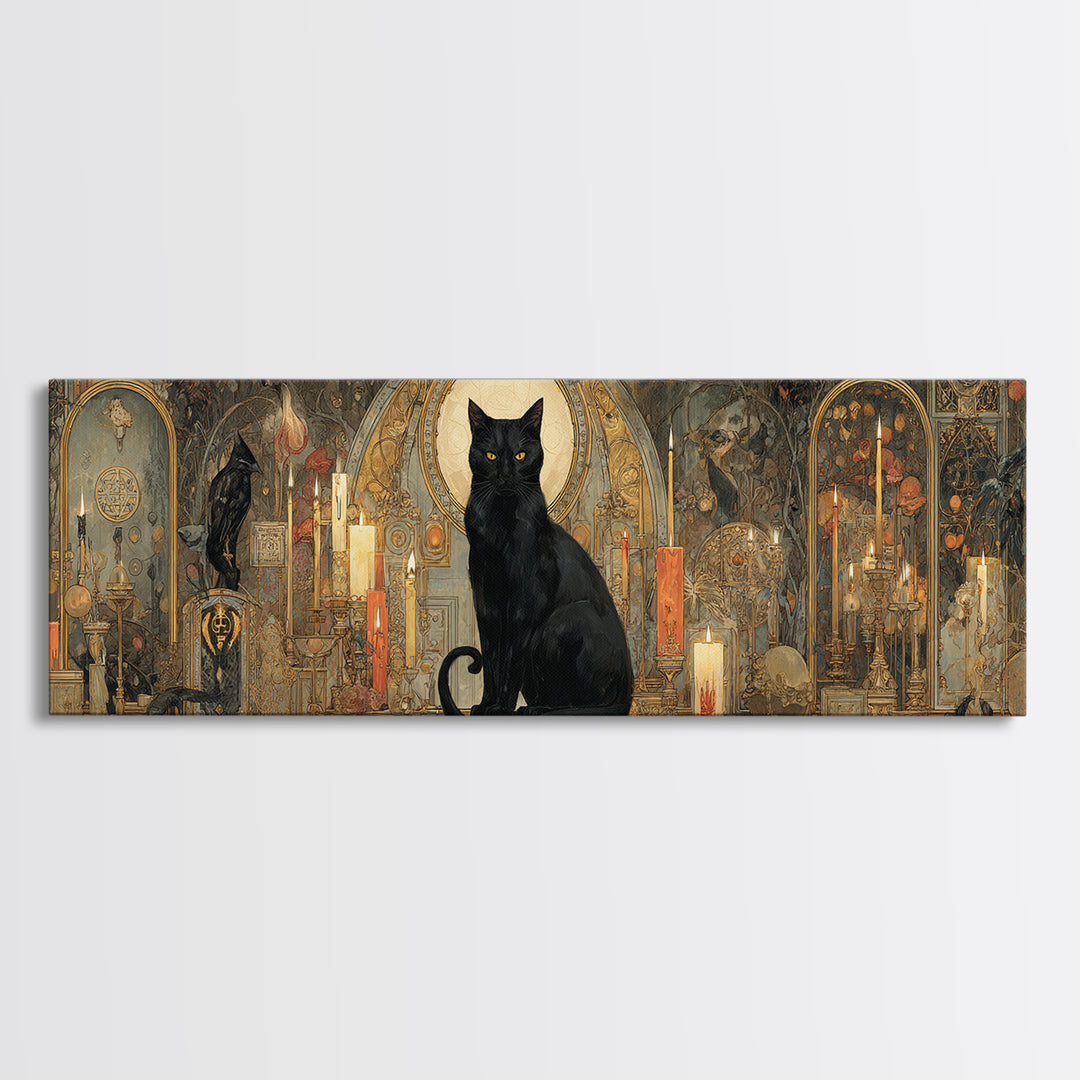 The Black Cat Familiar, Ornate Symbolist Art, Extra Wide Wall Art, Gothic Horror Wall Art, Canvas Print, Halloween Wall Art