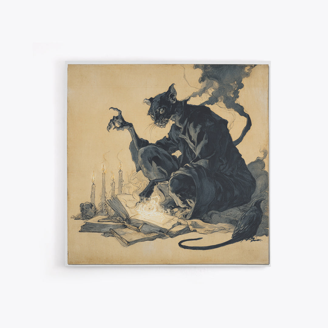 The Black Cat Familiar, Decadent Gothic Art, Square Wall Art, Dark Fantasy Wall Art, Canvas Print, Halloween Wall Art