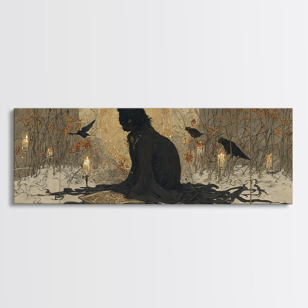 The Black Cat Familiar, Symbolist Death Art, Extra Wide Wall Art, Dark Fantasy Wall Art, Framed Canvas Print, Halloween Wall Art
