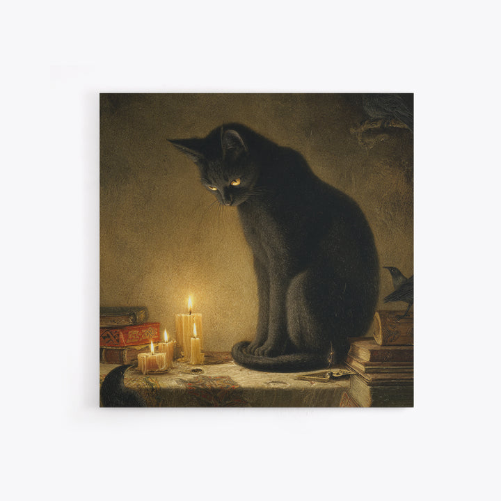 The Black Cat Familiar, Dark Symbolist Art, Square Wall Art, Dark Halloween Decor, Canvas Print, Halloween Wall Art