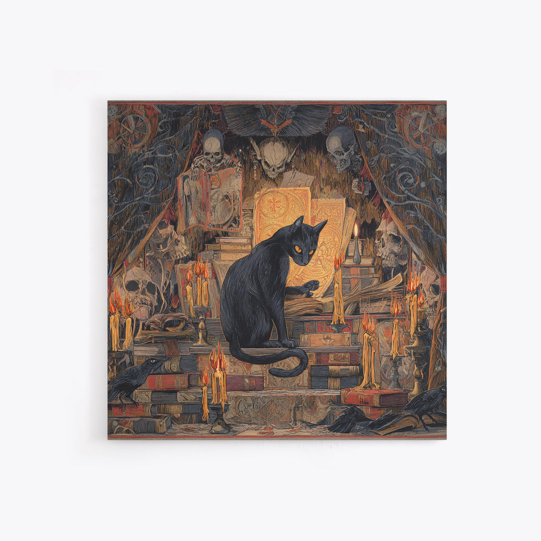 The Black Cat Familiar, Grotesque Carnival Art, Square Wall Art, Gothic Horror Wall Art, Framed Canvas Print, Halloween Wall Art