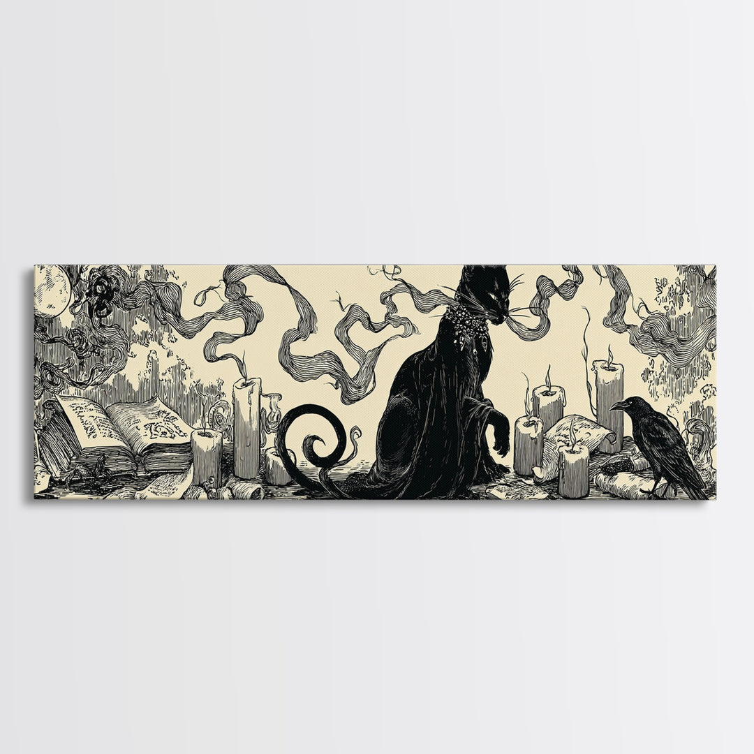 The Black Cat Familiar, Decadent Line Art, Extra Wide Wall Art, Dark Fantasy Wall Art, Framed Canvas Print, Halloween Wall Art