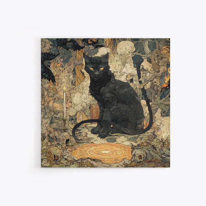 The Black Cat Familiar, Gothic Storybook Art, Square Wall Art, Macabre Wall Art, Framed Canvas Print, Halloween Wall Art