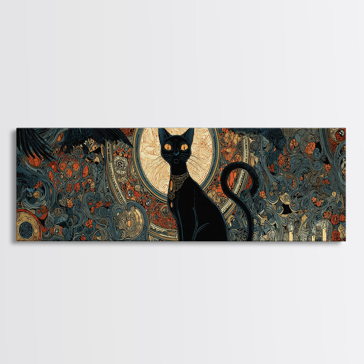The Black Cat Familiar, Stained Glass Gothic Art, Extra Wide Wall Art, Dark Fantasy Wall Art, Framed Canvas Print, Halloween Wall Art