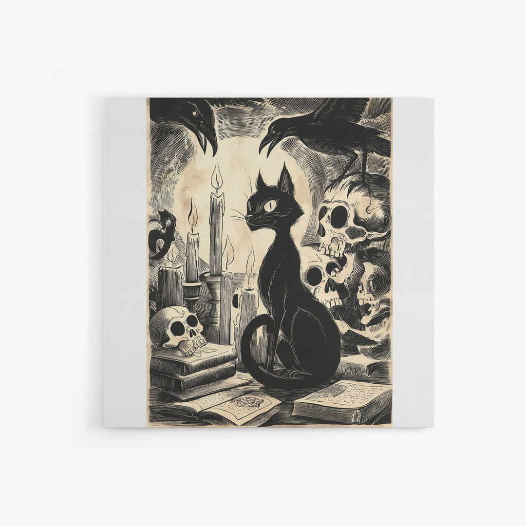 The Black Cat Familiar, Macabre Folk Print Art, Square Wall Art, Macabre Wall Art, Framed Canvas Print, Halloween Wall Art