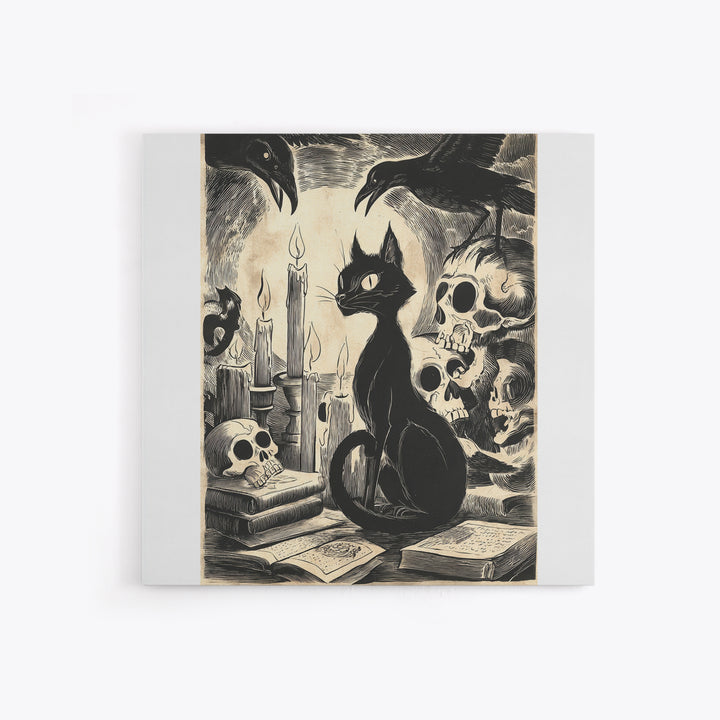 The Black Cat Familiar, Macabre Folk Print Art, Square Wall Art, Macabre Wall Art, Framed Canvas Print, Halloween Wall Art