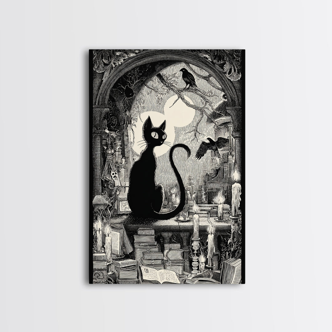 The Black Cat Familiar, Victorian Macabre Art, Vertical Wall Art, Dark Fantasy Wall Art, Framed Canvas Print, Halloween Wall Art