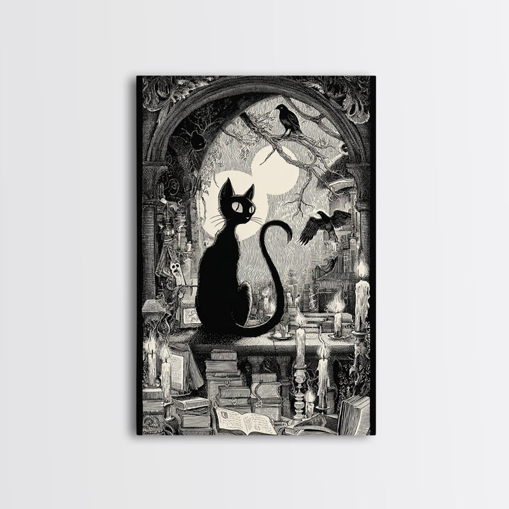 The Black Cat Familiar, Victorian Macabre Art, Vertical Wall Art, Dark Fantasy Wall Art, Framed Canvas Print, Halloween Wall Art