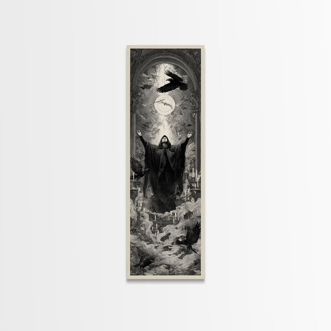 The Raven Keeper, Gothic Engraving Art, Tall Narrow Wall Art, Gothic Horror Wall Art, Canvas Print, Halloween Wall Art