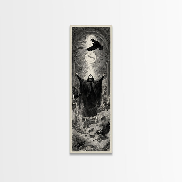 The Raven Keeper, Gothic Engraving Art, Tall Narrow Wall Art, Gothic Horror Wall Art, Canvas Print, Halloween Wall Art