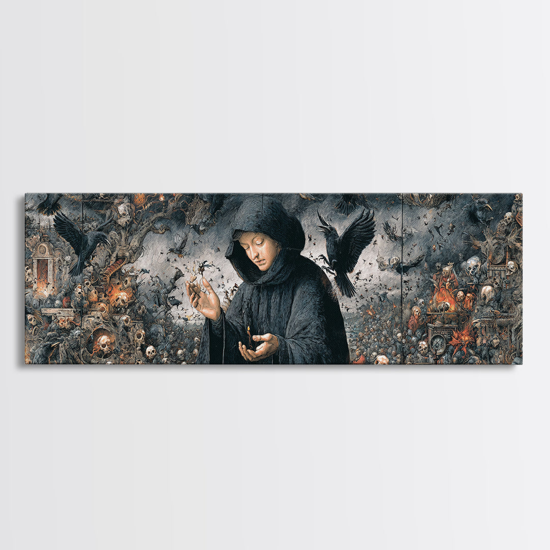 The Raven Keeper, Medieval Grotesque Art, Extra Wide Wall Art, Gothic Horror Wall Art, Framed Canvas Print, Halloween Wall Art