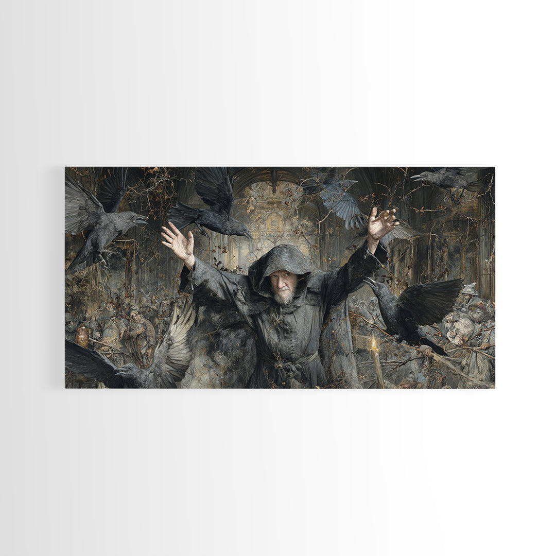 The Raven Keeper, Northern Renaissance Horror, Wide Panoramic Art, Dark Fantasy Wall Art, Canvas Print, Halloween Wall Art