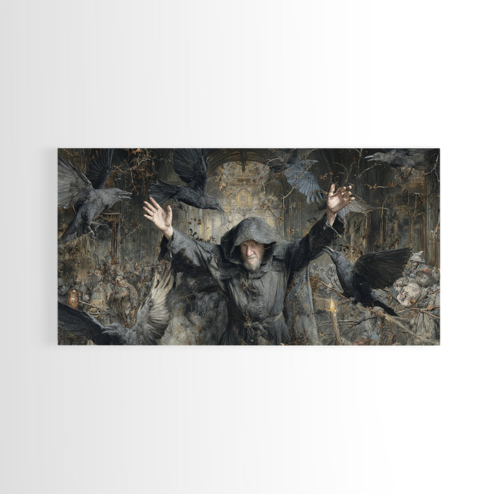 The Raven Keeper, Northern Renaissance Horror, Wide Panoramic Art, Dark Fantasy Wall Art, Canvas Print, Halloween Wall Art