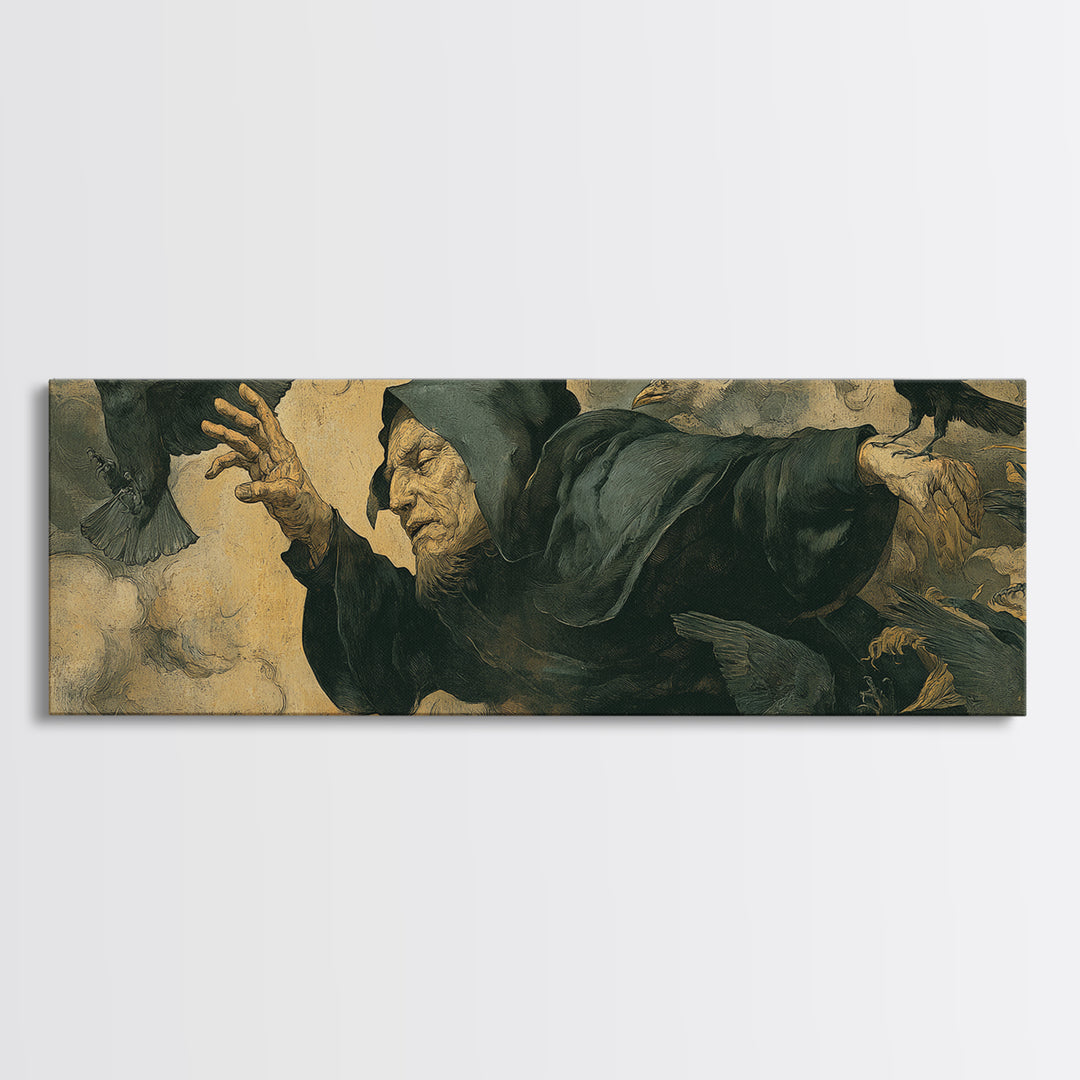 The Raven Keeper, Dark Renaissance Art, Extra Wide Wall Art, Dark Fantasy Wall Art, Canvas Print, Halloween Wall Art