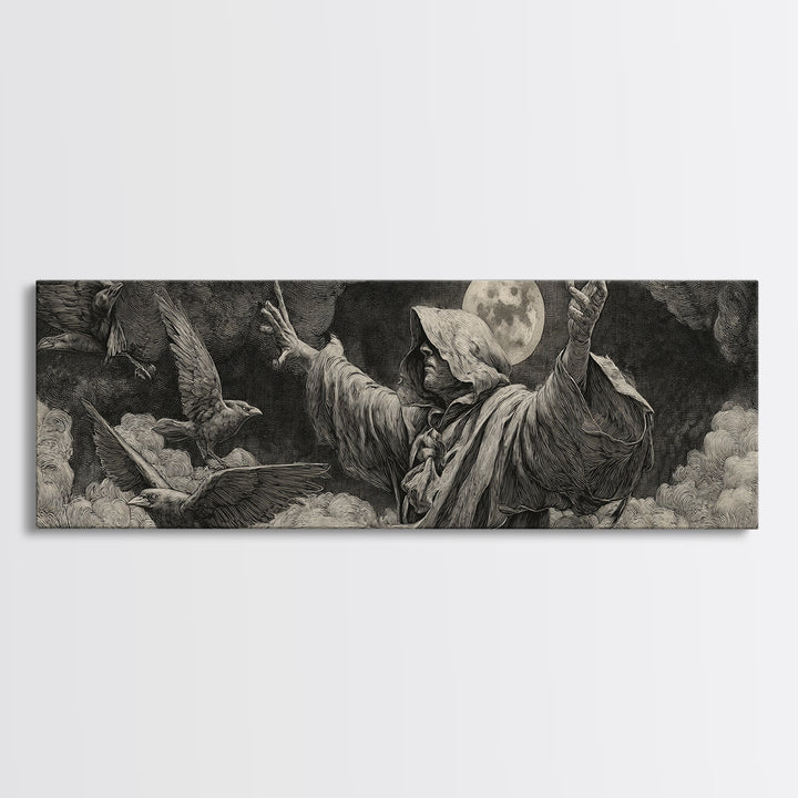 The Raven Keeper, Renaissance Engraving Art, Extra Wide Wall Art, Dark Halloween Decor, Framed Canvas Print, Halloween Wall Art