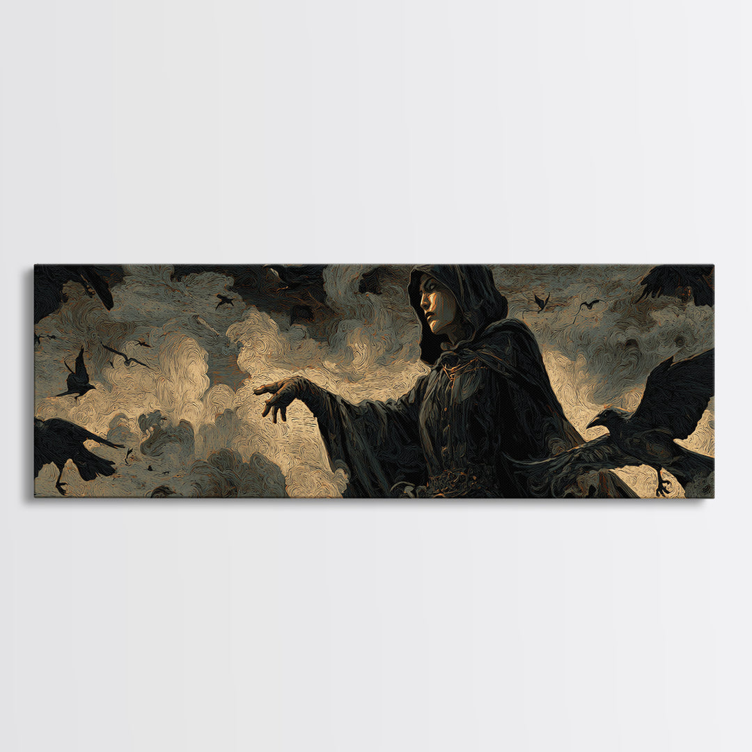 The Raven Keeper, Visionary Gothic Art, Extra Wide Wall Art, Macabre Wall Art, Canvas Print, Halloween Wall Art, Statement Wall Art