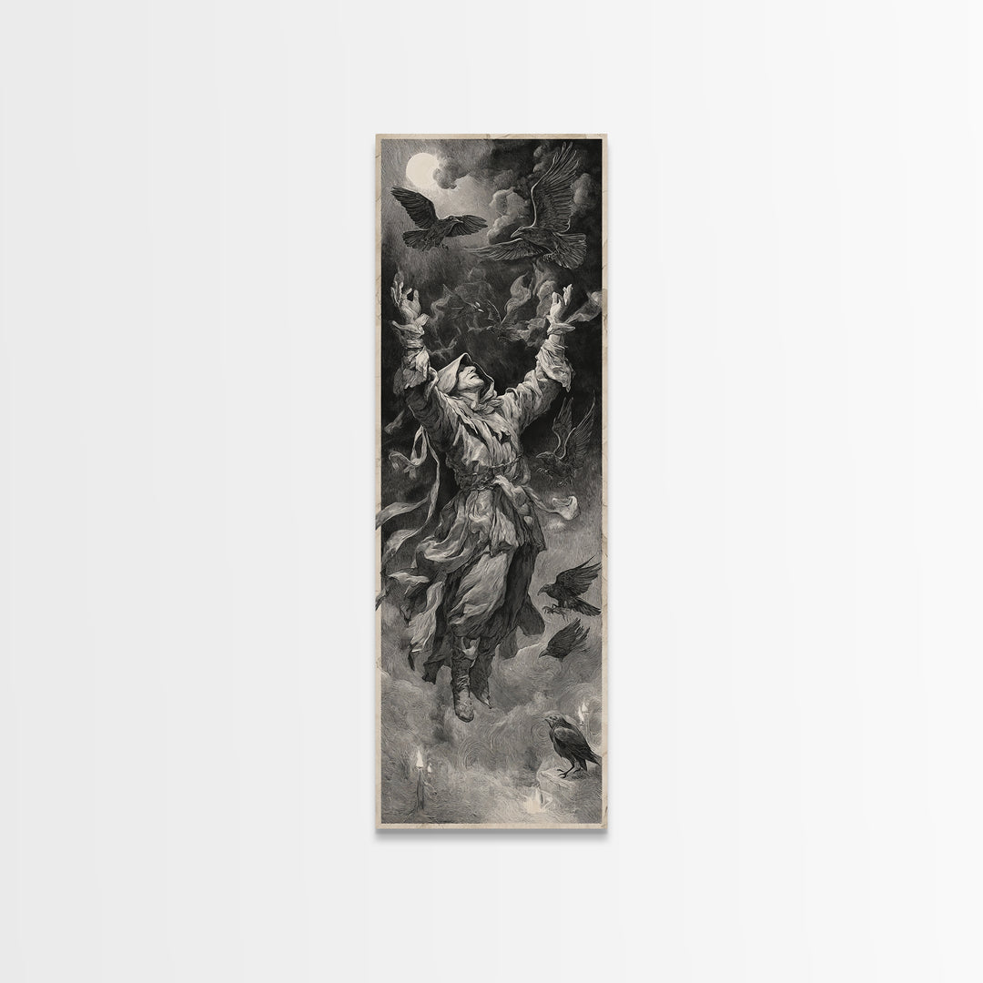 The Raven Keeper, Architectural Etching Art, Tall Narrow Wall Art, Dark Fantasy Wall Art, Canvas Print, Halloween Wall Art
