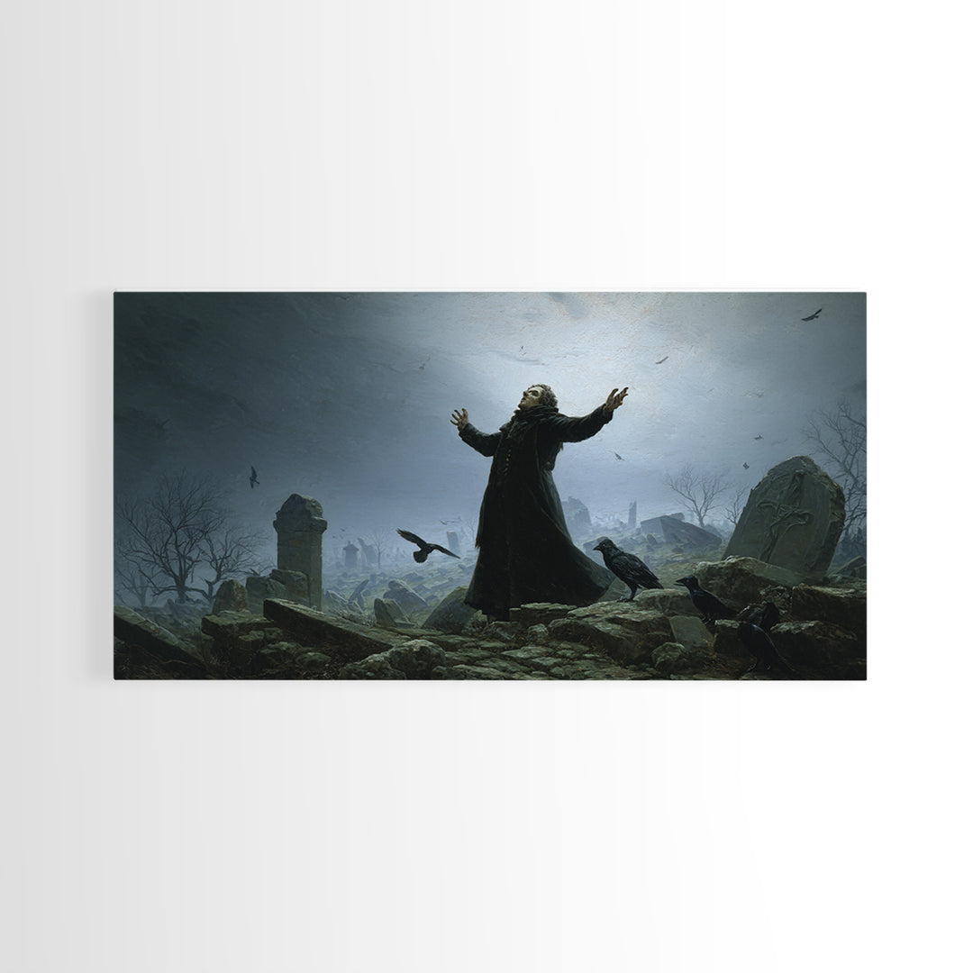 The Raven Keeper, Romantic Gothic Landscape, Wide Panoramic Art, Dark Halloween Decor, Framed Canvas Print, Halloween Wall Art