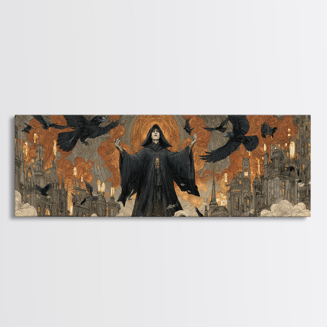 The Raven Keeper, Apocalyptic Romantic Art, Extra Wide Wall Art, Gothic Horror Wall Art, Canvas Print, Halloween Wall Art