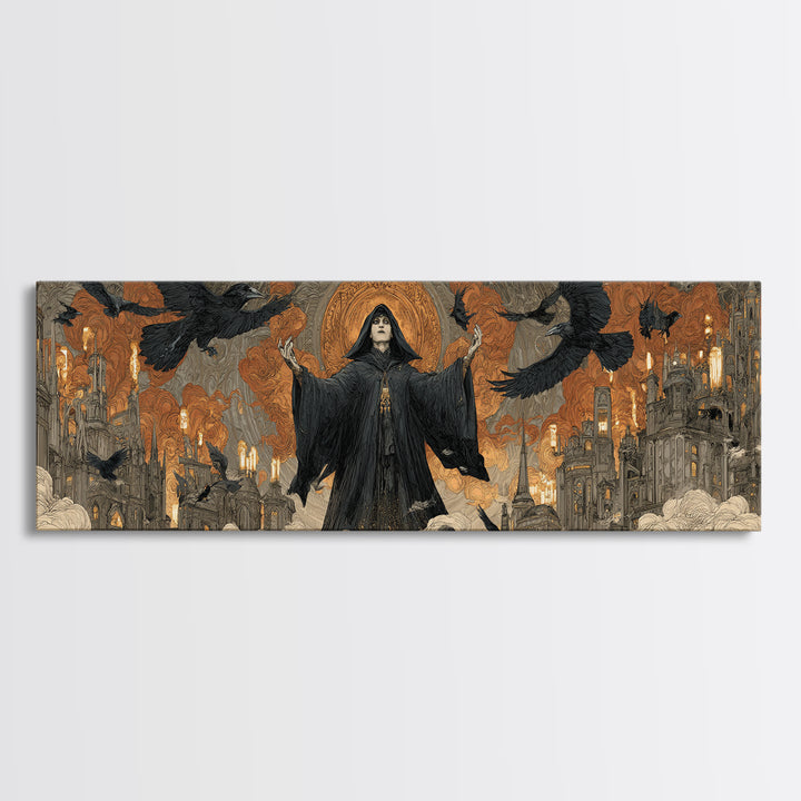 The Raven Keeper, Apocalyptic Romantic Art, Extra Wide Wall Art, Gothic Horror Wall Art, Canvas Print, Halloween Wall Art
