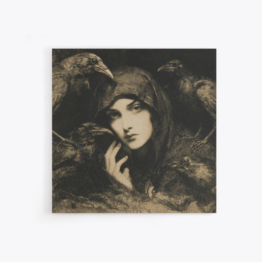The Raven Keeper, Symbolist Dream Art, Square Wall Art, Gothic Horror Wall Art, Canvas Print, Halloween Wall Art, Seasonal Home Decor