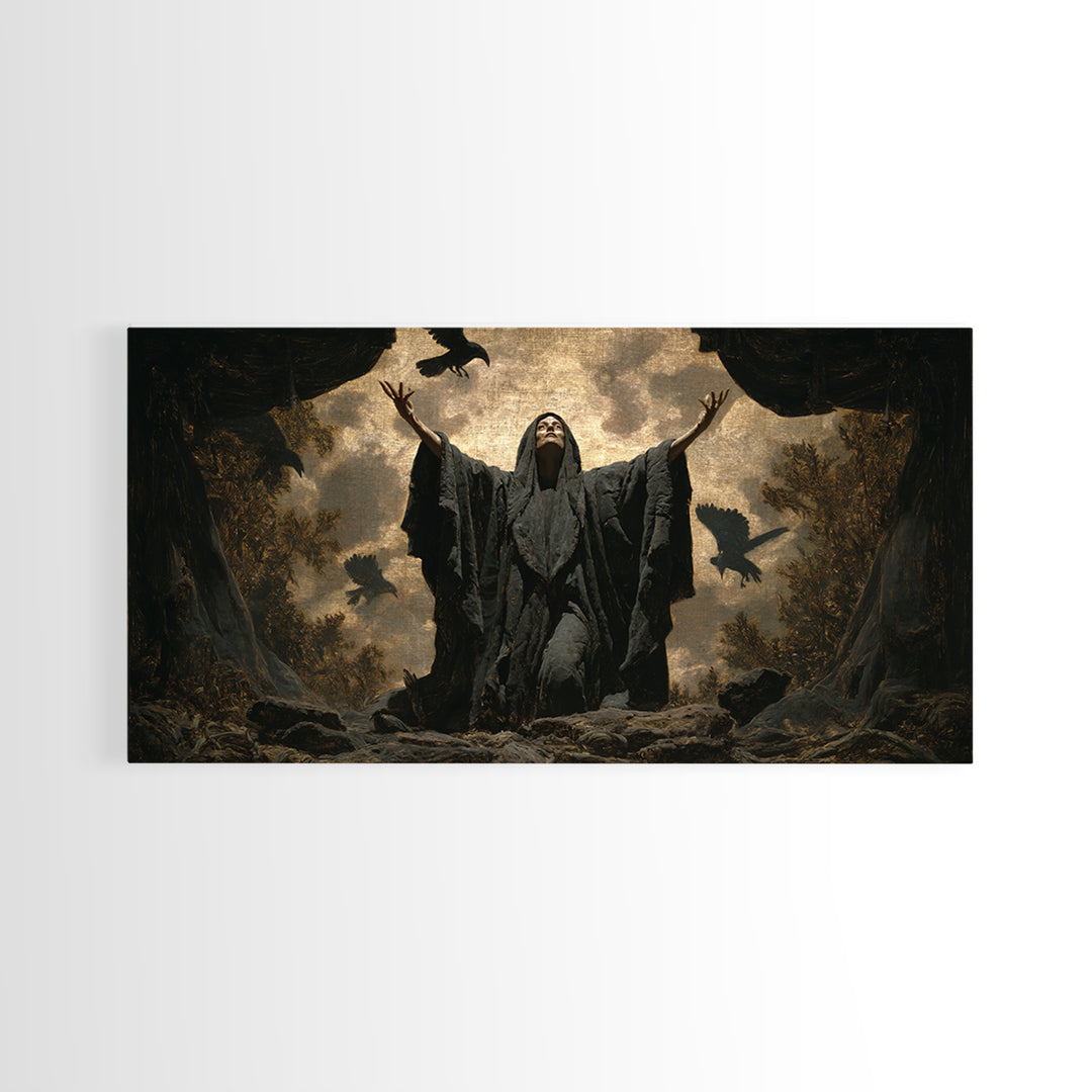 The Raven Keeper, Symbolist Gothic Landscape, Wide Panoramic Art, Dark Halloween Decor, Framed Canvas Print, Halloween Wall Art