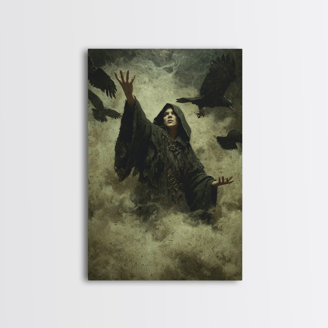 The Raven Keeper, Ornate Symbolist Art, Vertical Wall Art, Dark Fantasy Wall Art, Framed Canvas Print, Halloween Wall Art