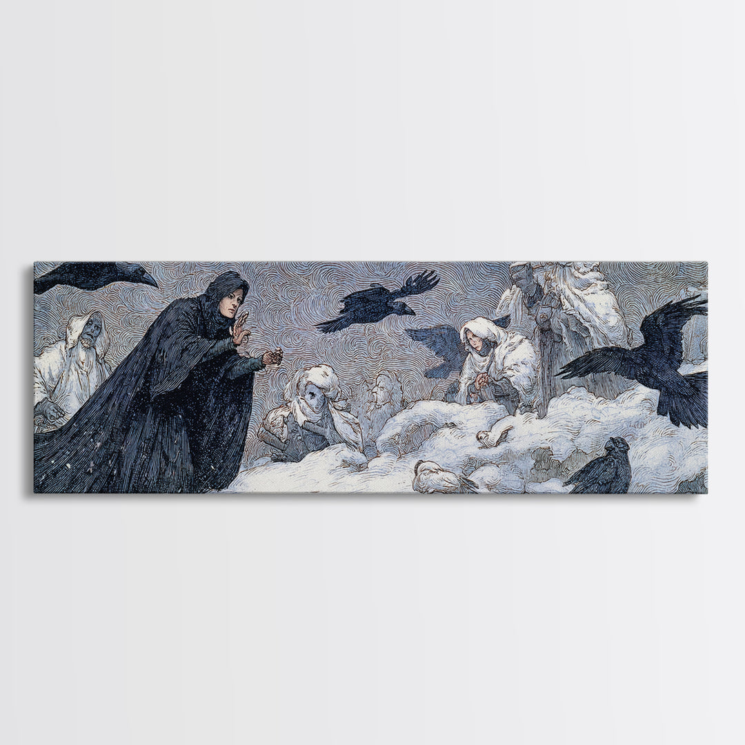 The Raven Keeper, Symbolist Death Art, Extra Wide Wall Art, Dark Halloween Decor, Canvas Print, Halloween Wall Art