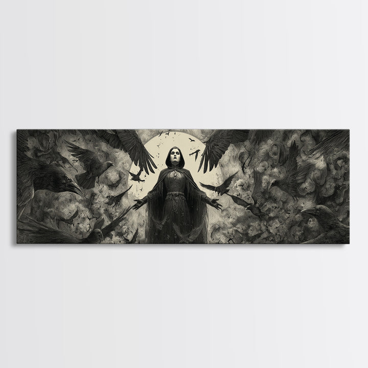 The Raven Keeper, Dark Symbolist Art, Extra Wide Wall Art, Gothic Horror Wall Art, Canvas Print, Halloween Wall Art