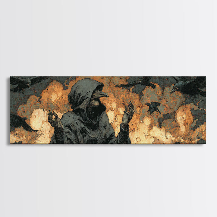 The Raven Keeper, Symbolist Etching Art, Extra Wide Wall Art, Dark Fantasy Wall Art, Canvas Print, Halloween Wall Art, Halloween Decor