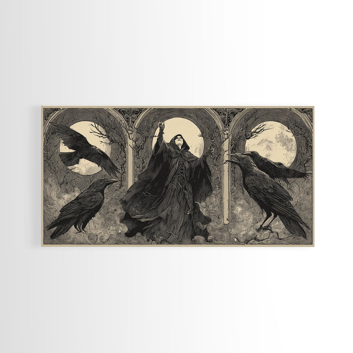 The Raven Keeper, Expressionist Nightmare Art, Wide Panoramic Art, Dark Halloween Decor, Framed Canvas Print, Halloween Wall Art