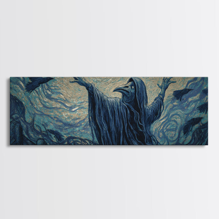 The Raven Keeper, Expressionist Gothic Art, Extra Wide Wall Art, Dark Fantasy Wall Art, Canvas Print, Halloween Wall Art