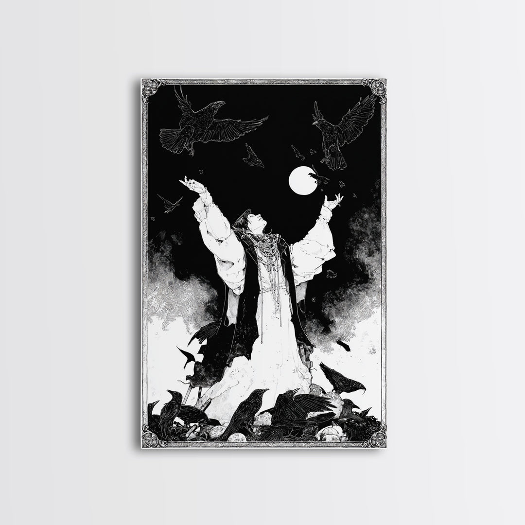 The Raven Keeper, Decadent Line Art, Vertical Wall Art, Macabre Wall Art, Canvas Print, Halloween Wall Art, Halloween Decor