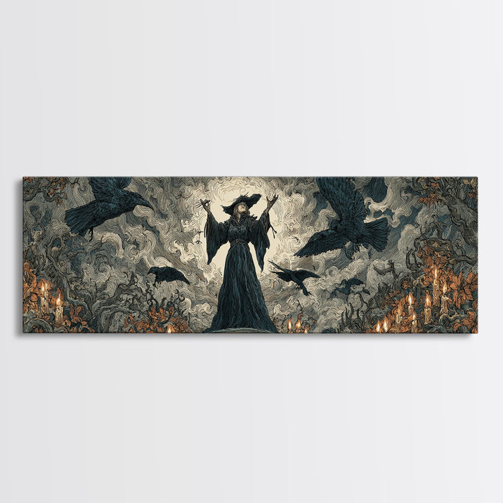 The Raven Keeper, Gothic Storybook Art, Extra Wide Wall Art, Gothic Horror Wall Art, Framed Canvas Print, Halloween Wall Art