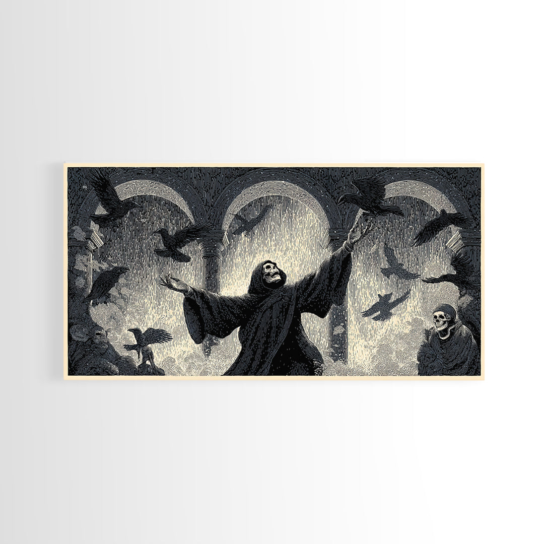 The Raven Keeper, Macabre Folk Print Art, Wide Panoramic Art, Dark Fantasy Wall Art, Canvas Print, Halloween Wall Art