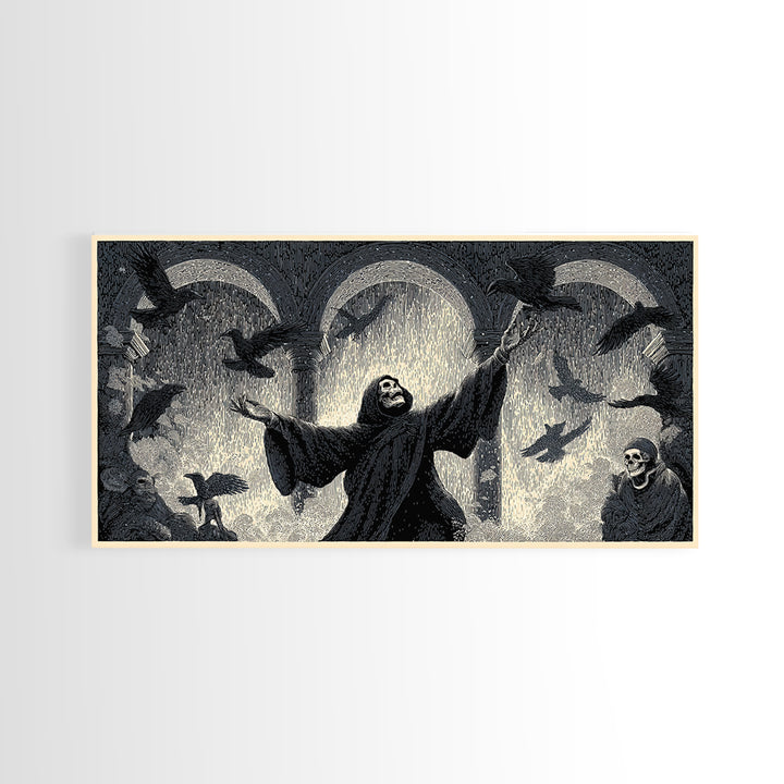 The Raven Keeper, Macabre Folk Print Art, Wide Panoramic Art, Dark Fantasy Wall Art, Canvas Print, Halloween Wall Art