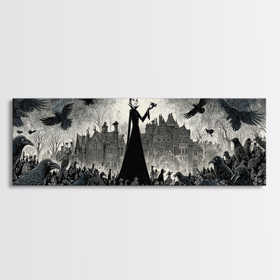 The Raven Keeper, Victorian Macabre Art, Extra Wide Wall Art, Macabre Wall Art, Framed Canvas Print, Halloween Wall Art, Halloween Decor