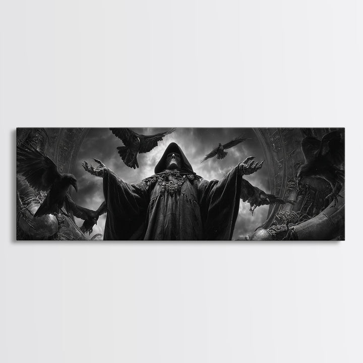 The Raven Keeper, Biomechanical Horror Art, Extra Wide Wall Art, Gothic Horror Wall Art, Canvas Print, Halloween Wall Art
