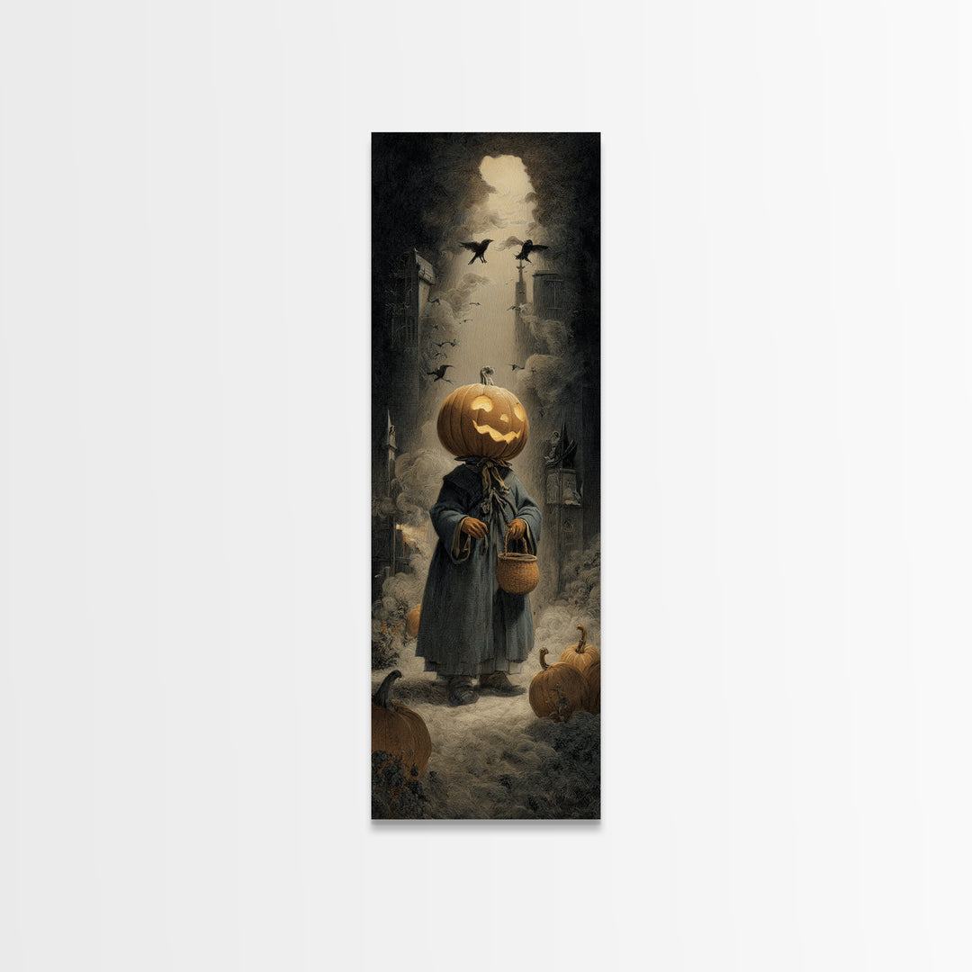 The Pumpkin-Headed Child, Gothic Engraving Art, Tall Narrow Wall Art, Gothic Horror Wall Art, Framed Canvas Print, Halloween Wall Art