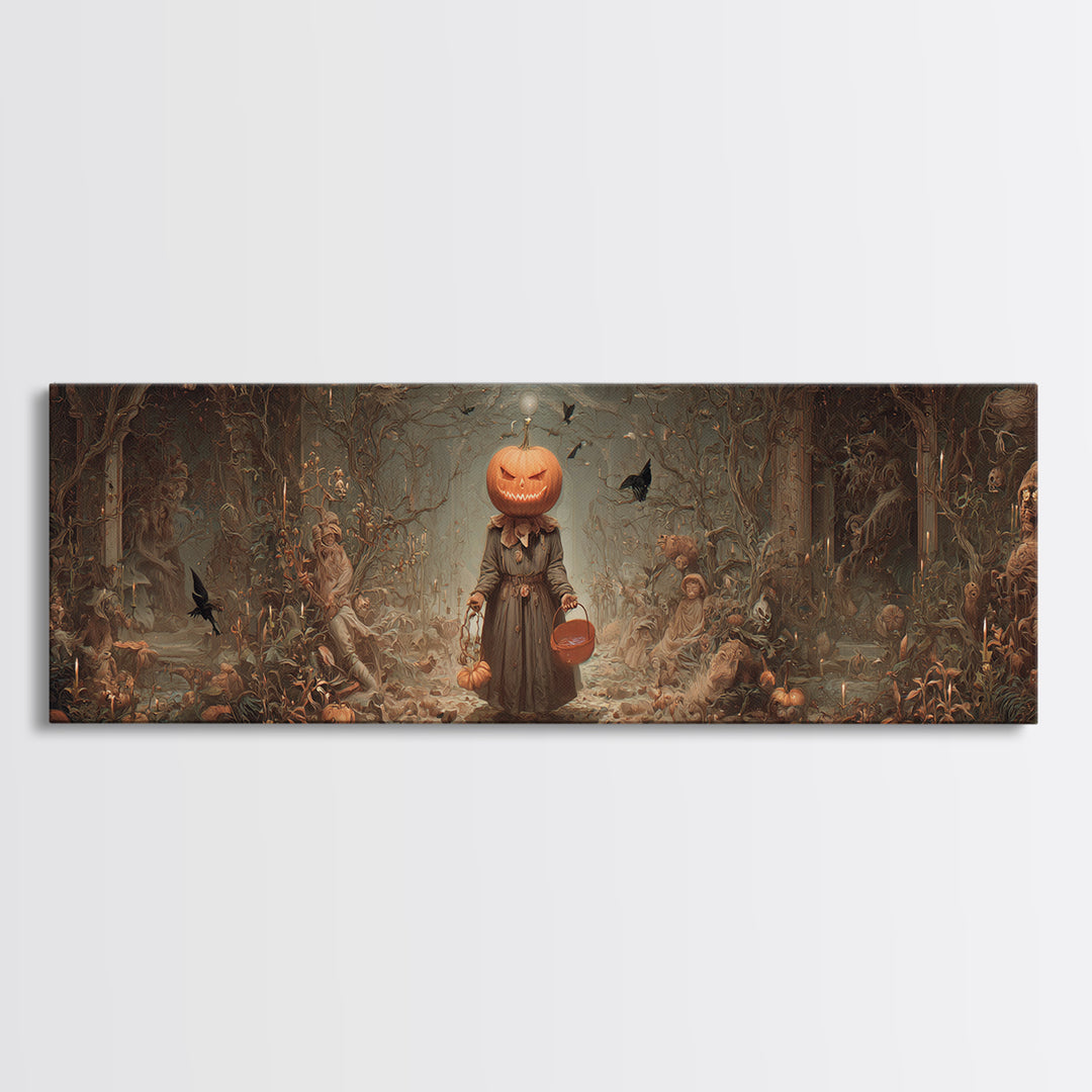 The Pumpkin-Headed Child, Medieval Grotesque Art, Extra Wide Wall Art, Macabre Wall Art, Canvas Print, Halloween Wall Art
