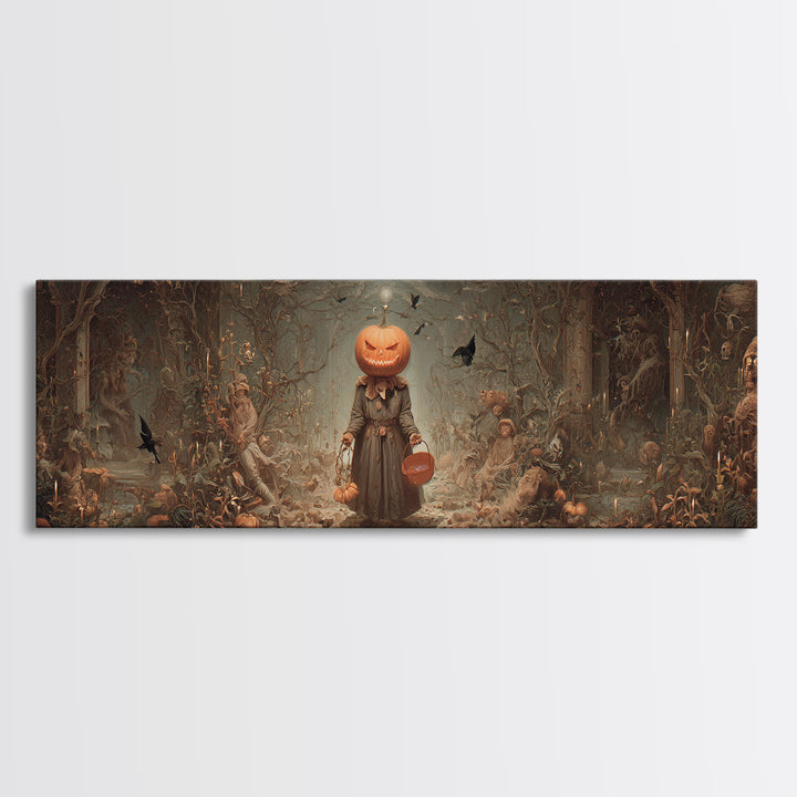 The Pumpkin-Headed Child, Medieval Grotesque Art, Extra Wide Wall Art, Macabre Wall Art, Canvas Print, Halloween Wall Art